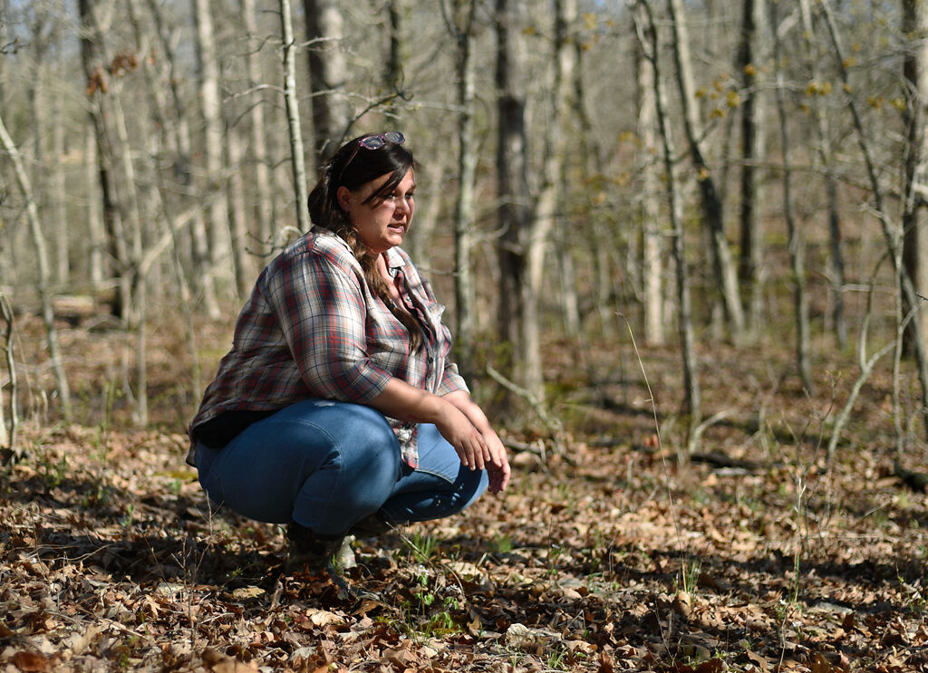 Shannon Huff scours the ground for morel mushrooms